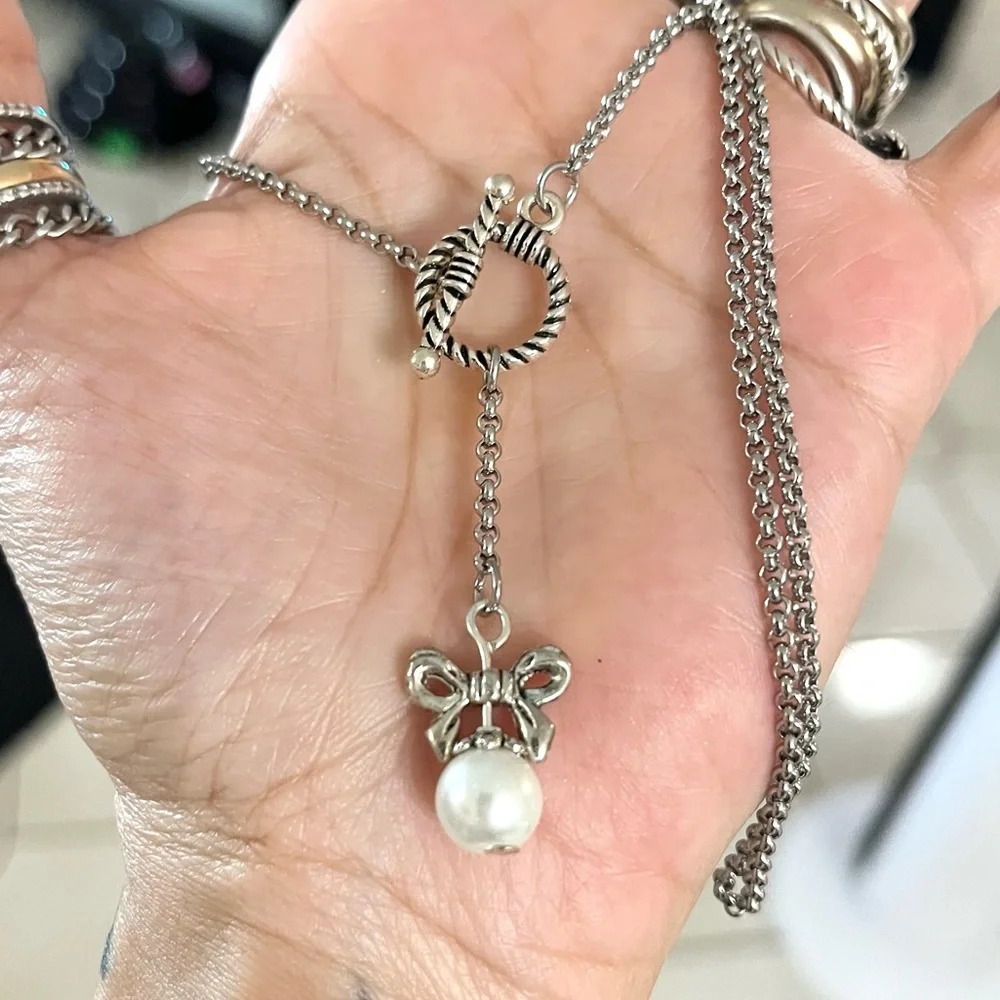 Handmade set . Y shape necklace hair bow and pearls + matching earrings . - Picture 8 of 11